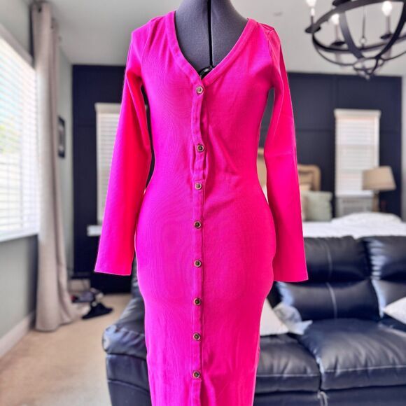 The Drop x vi_bogodist Hot Pink Front Cutout Ribbed Button Dress Women’s M NWT - Picture 4 of 7